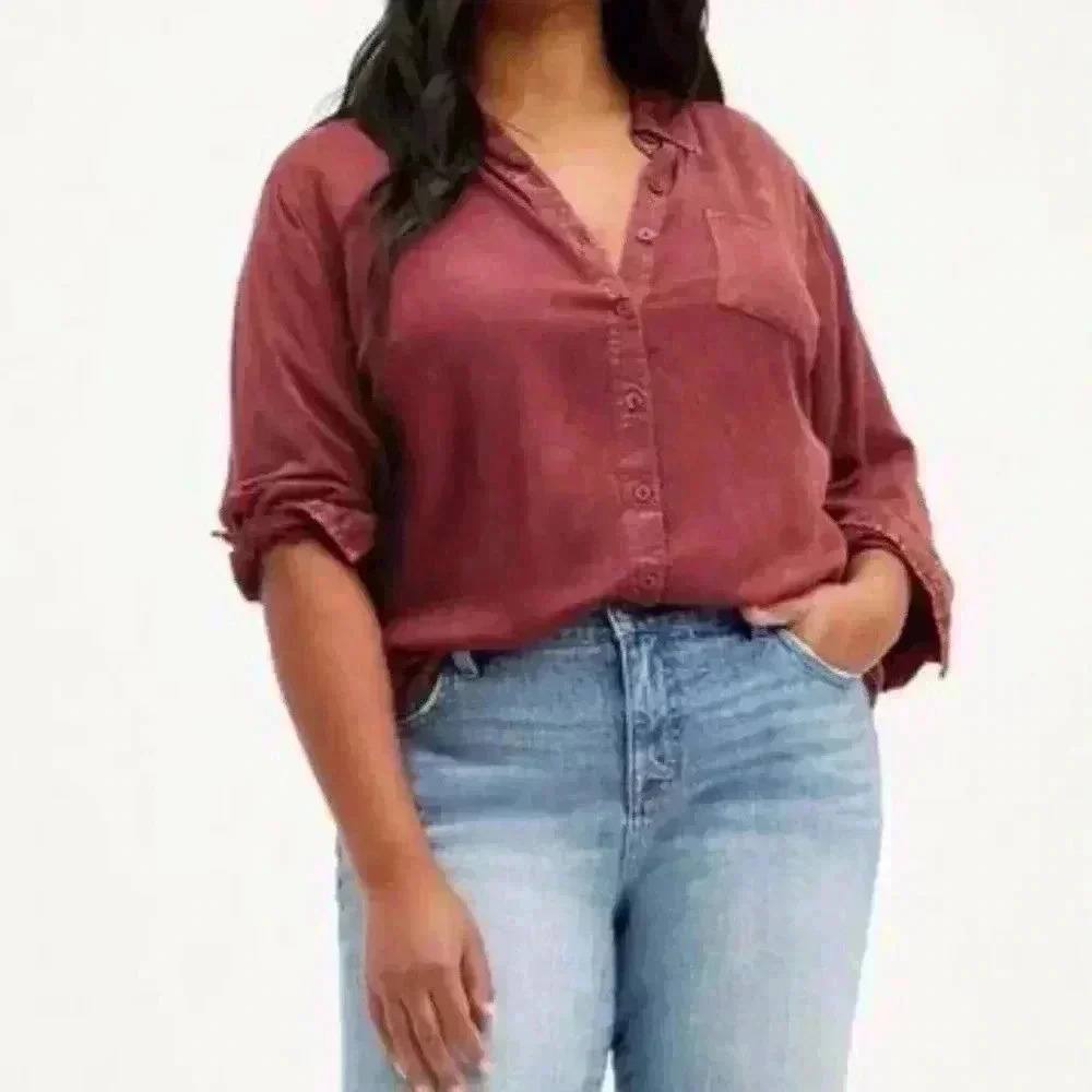 Torrid Lizzie rayon twill button up long sleeve shirt maroon dye plus size 3X